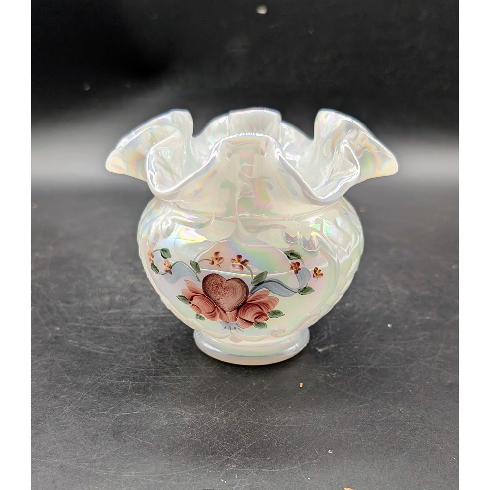Fenton Iridescent White Milk Glass Rose Bowl Hand Painted Heart D Anderson 3.75"